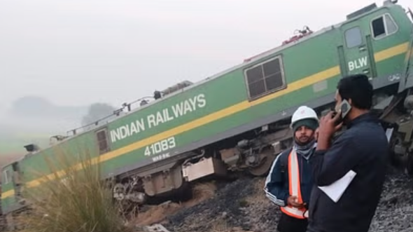 Fatehpur train accident: Overturned engine in bushes after collision.